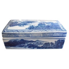 Chinoiserie Blue and White Divided Ceramic Decorative Box with Lid