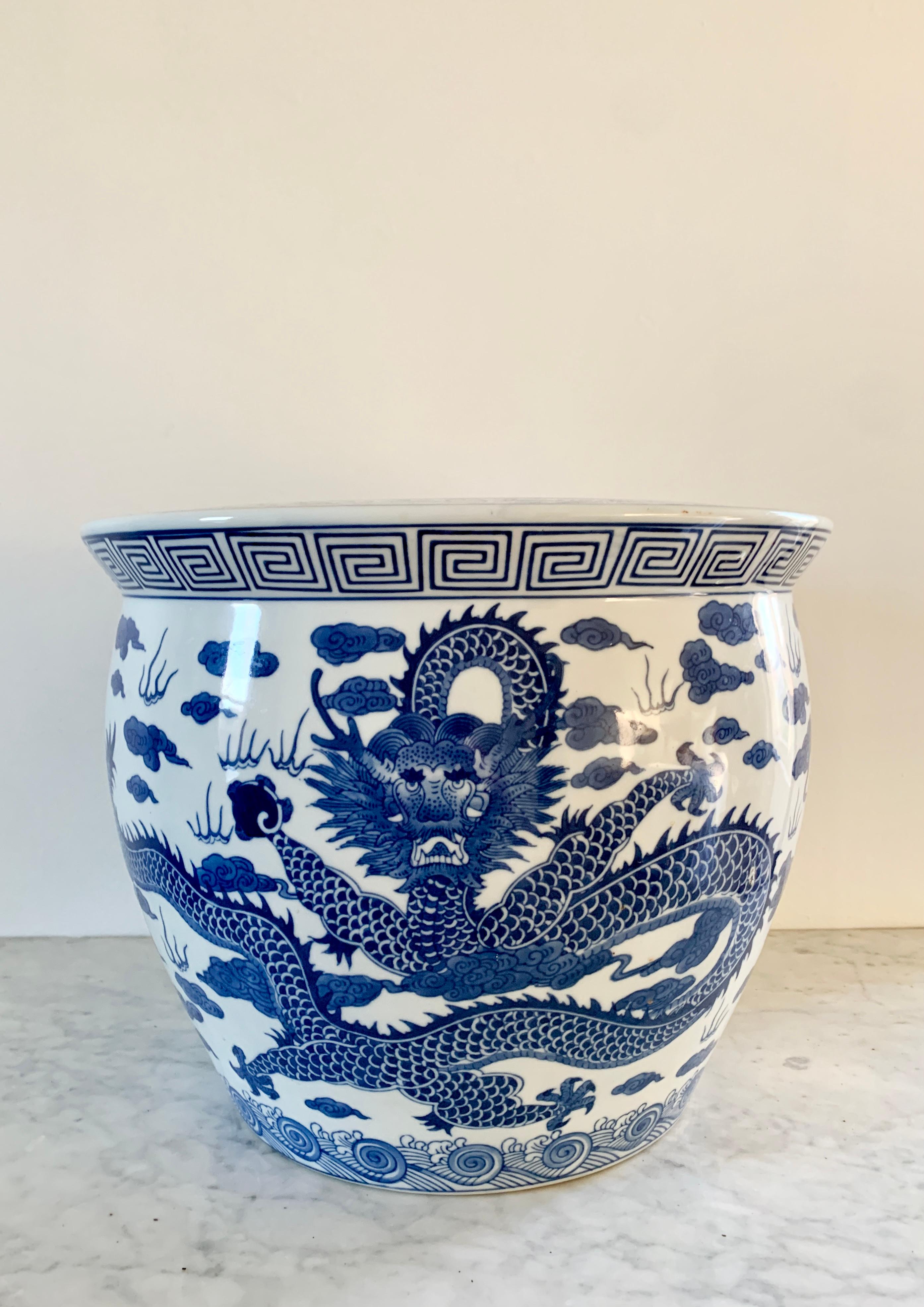 Chinoiserie Blue and White Dragon Porcelain Fishbowl Planter In Good Condition In Elkhart, IN
