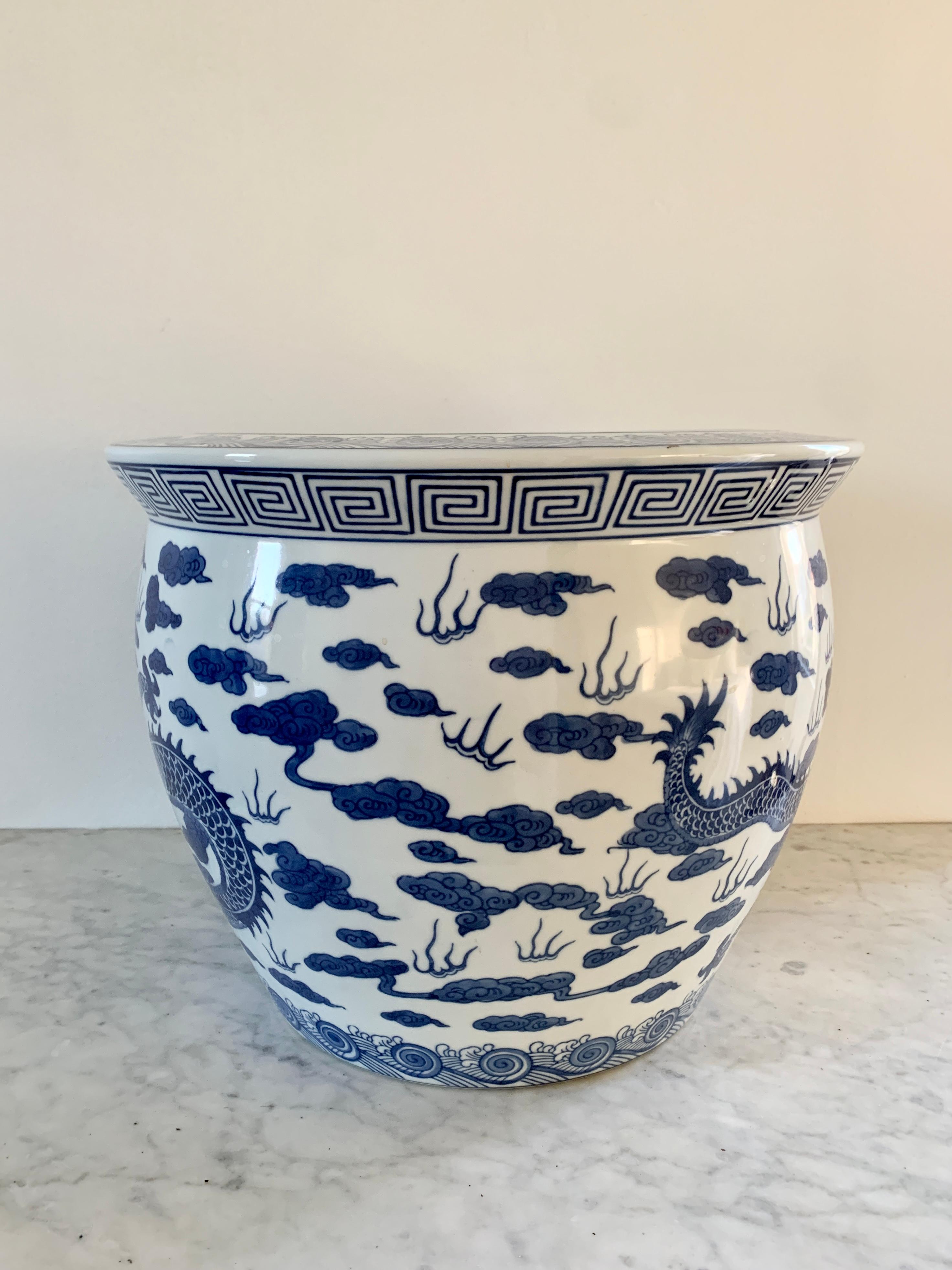 20th Century Chinoiserie Blue and White Dragon Porcelain Fishbowl Planter