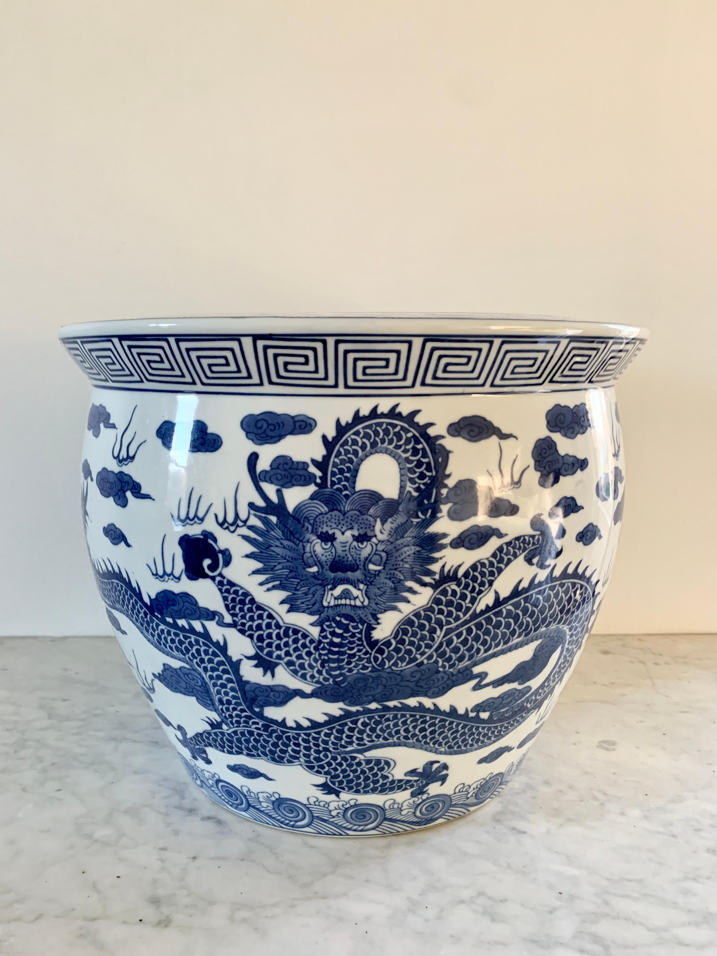 Chinoiserie Blue and White Dragon Porcelain Fishbowl Planter 1