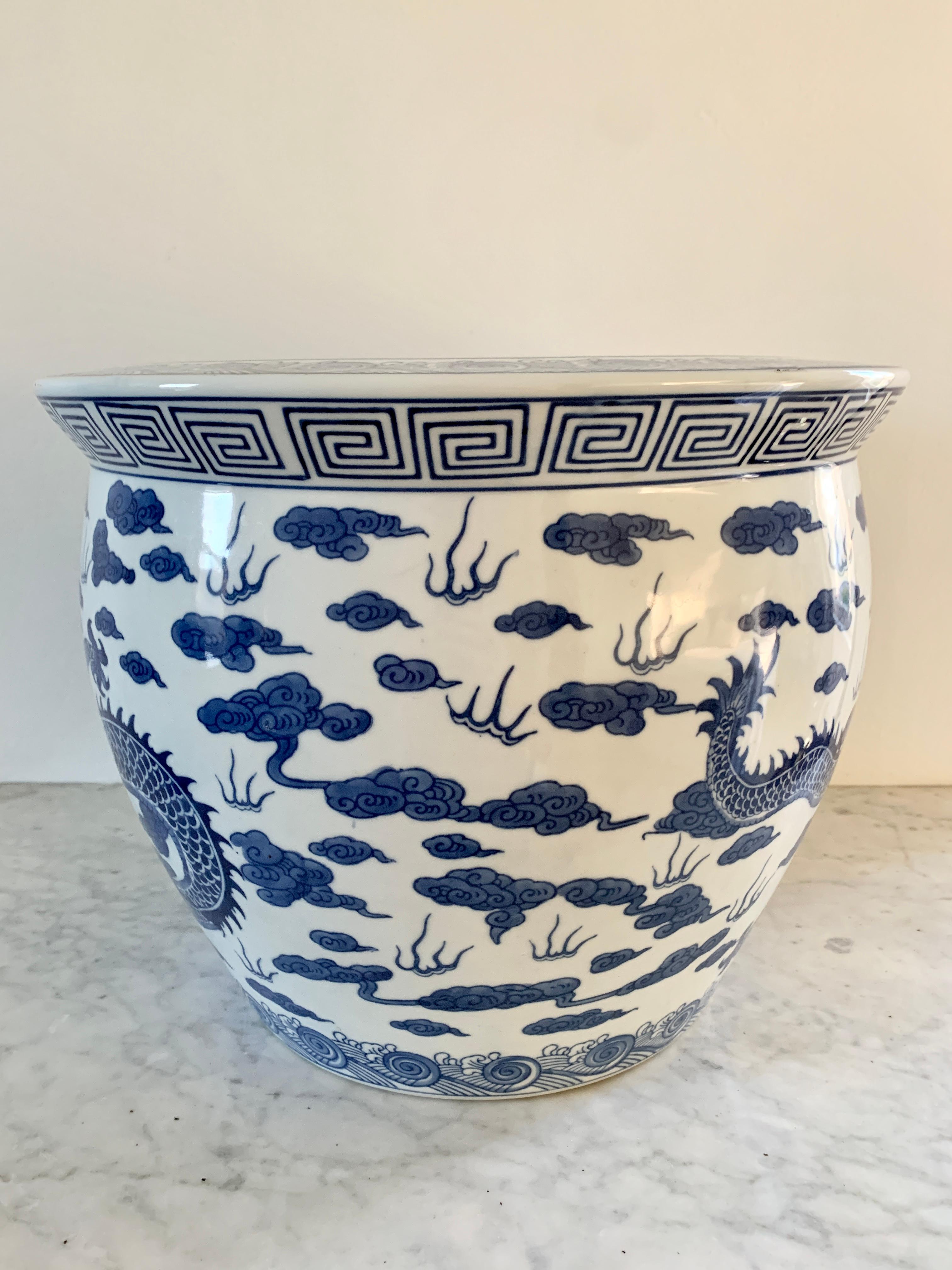 Chinoiserie Blue and White Dragon Porcelain Fishbowl Planter 3