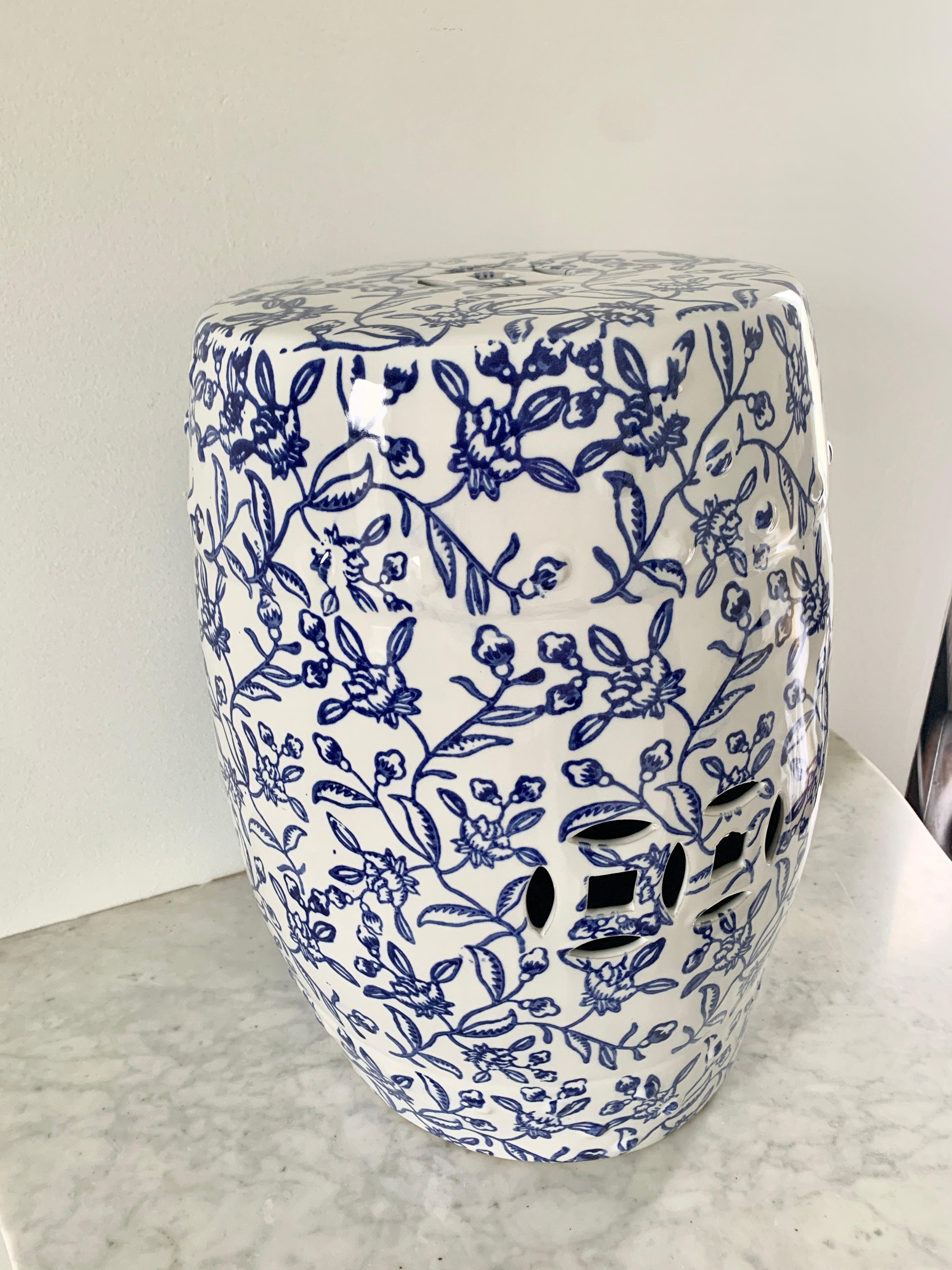 20th Century Chinoiserie Blue and White Floral Porcelain Garden Stool
