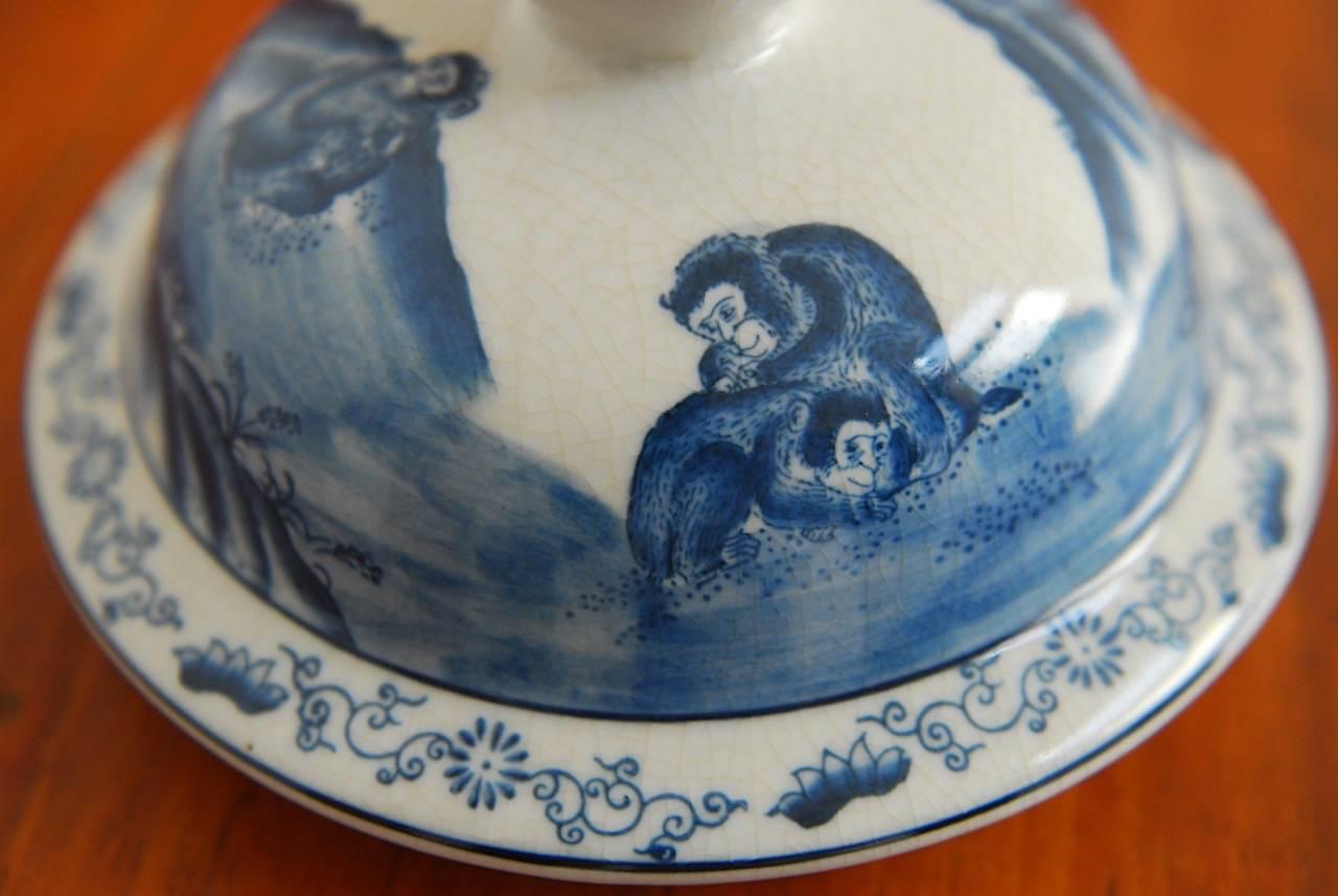 Chinoiserie Blue and White Ginger Jars with Monkeys 2