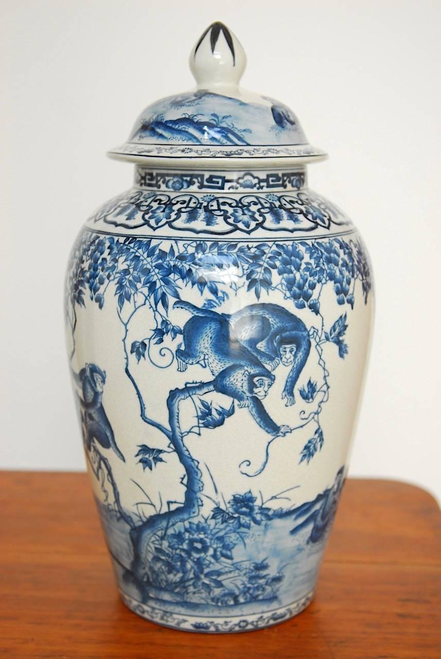 Chinoiserie Blue and White Ginger Jars with Monkeys 5