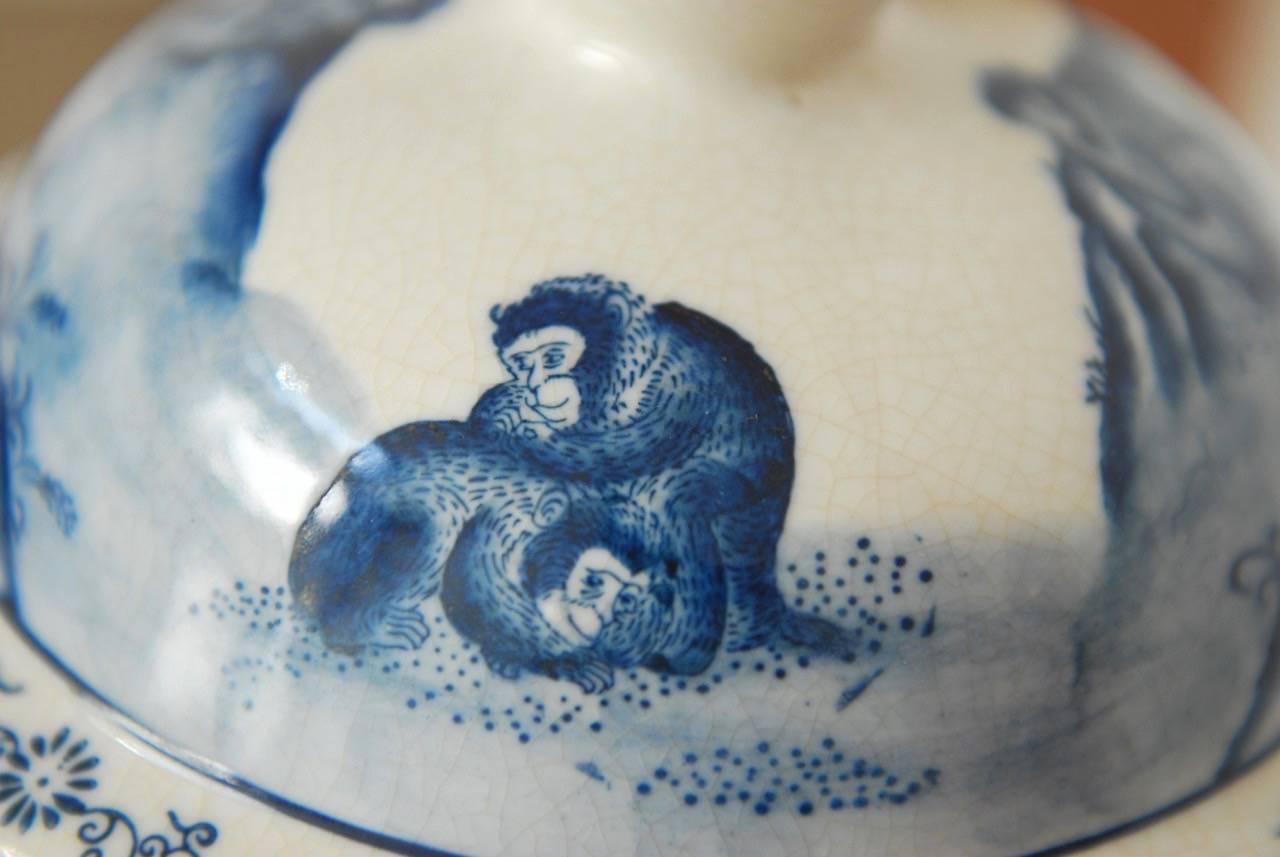 Chinoiserie Blue and White Ginger Jars with Monkeys 6