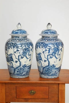 Chinoiserie Blue and White Ginger Jars with Monkeys
