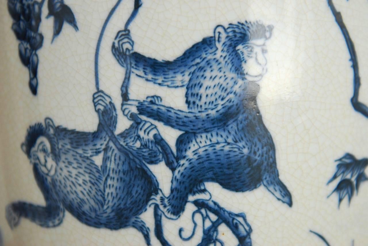 20th Century Chinoiserie Blue and White Ginger Jars with Monkeys