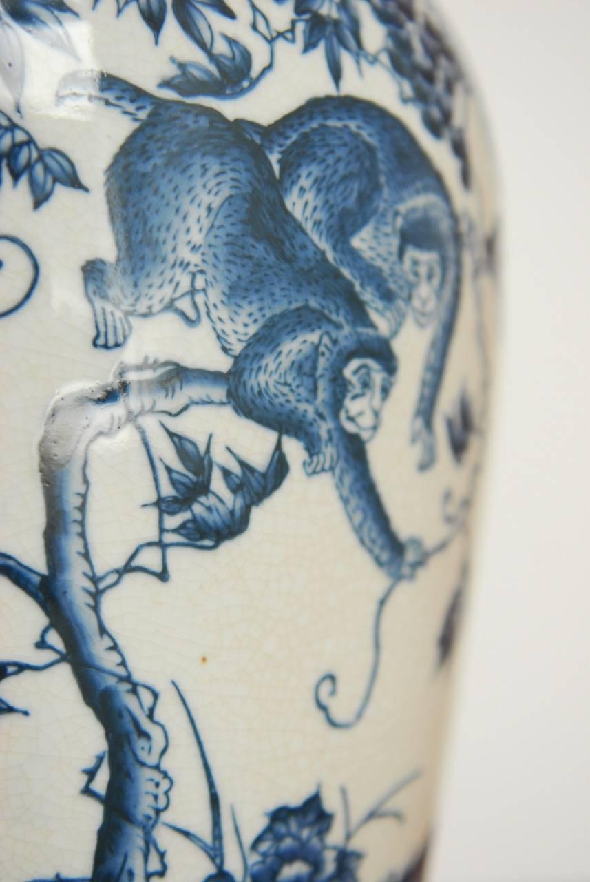 Ceramic Chinoiserie Blue and White Ginger Jars with Monkeys