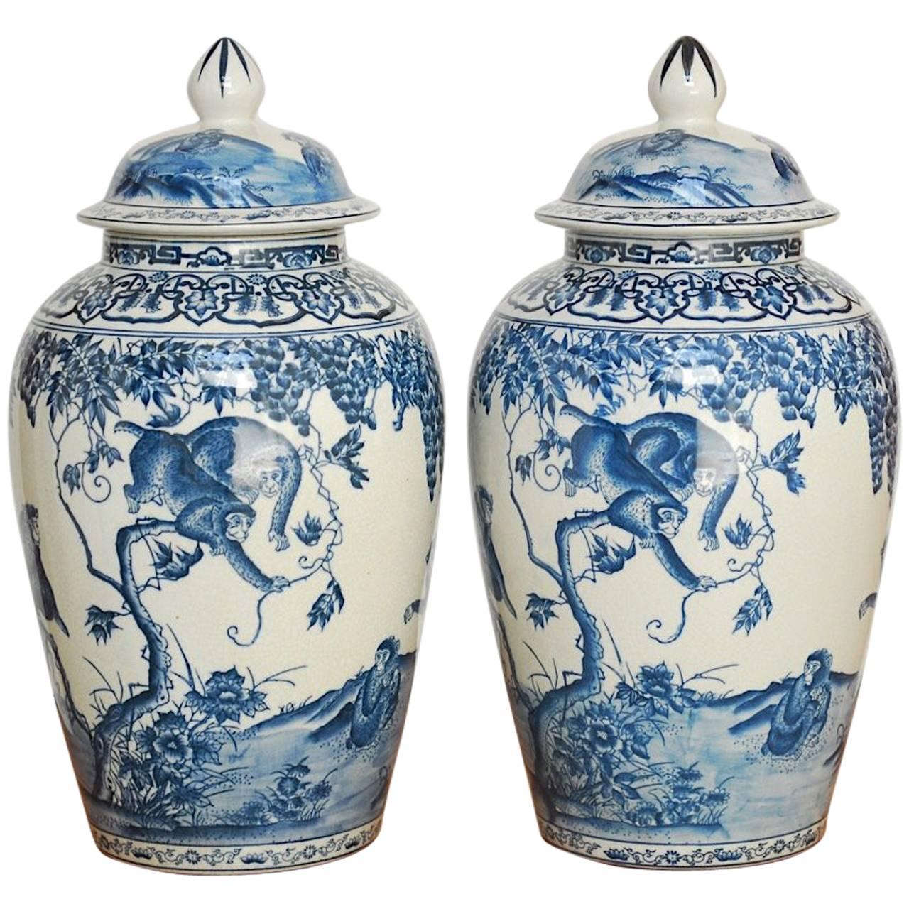 Chinoiserie Blue and White Ginger Jars with Monkeys