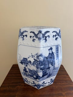 Chinoiserie Blue and White Hexagonal Porcelain Garden Stool or Side Table