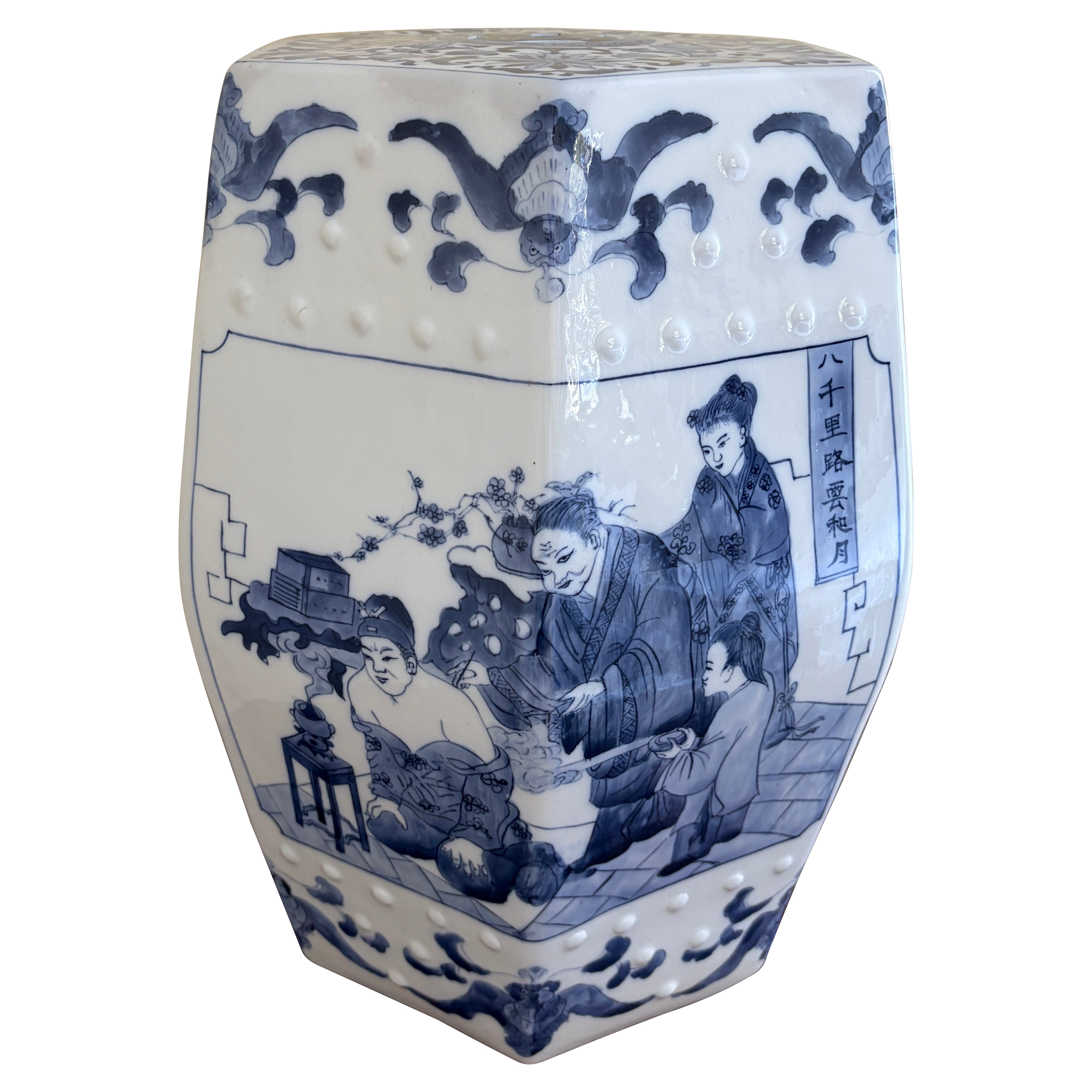 Blue and White Hexagonal Chinoiserie Porcelain Garden Stool or Side Table For Sale