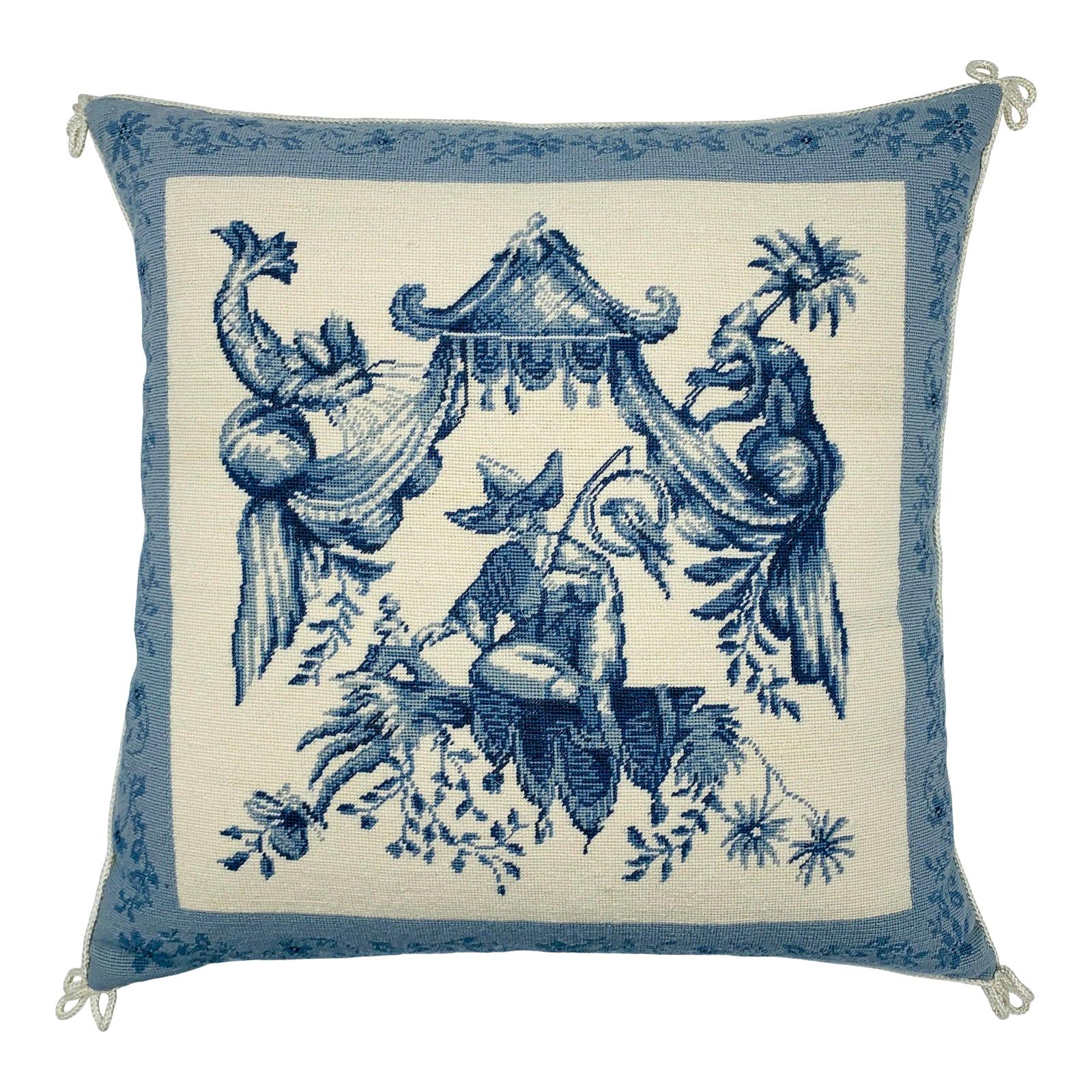 Chinoiserie Blue and White Pagoda Needlepoint Pillow, 1970s For Sale