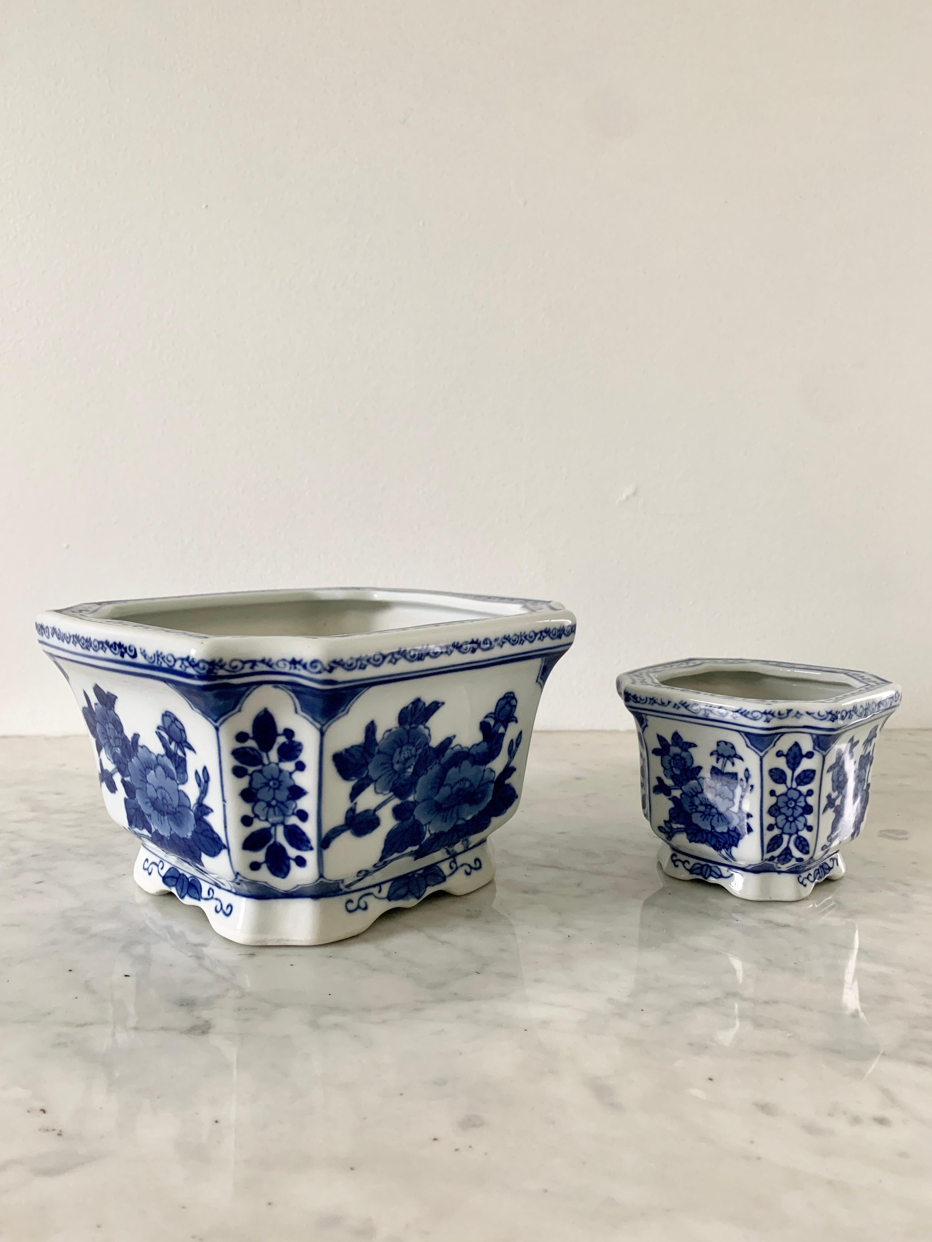 Chinoiserie Blue and White Porcelain Cachepot Planters, Pair 2