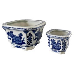Chinoiserie Blue and White Porcelain Cachepot Planters, Pair