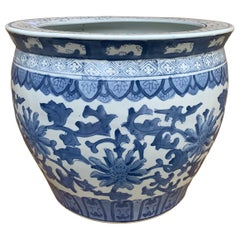 Vintage Chinoiserie Blue and White Porcelain Fishbowl Planter