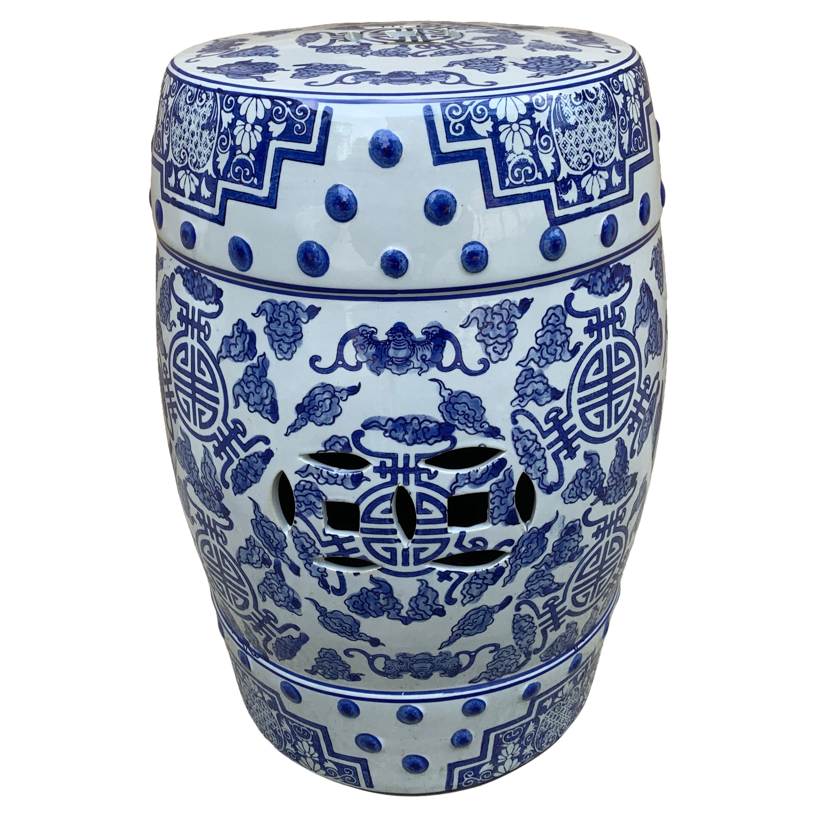 Tabouret de jardin ou table d'appoint chinoiseries en porcelaine bleue et blanche en vente