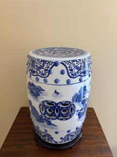 Chinoiserie Blue and White Porcelain Garden Stool or Side Table on Wooden Stand