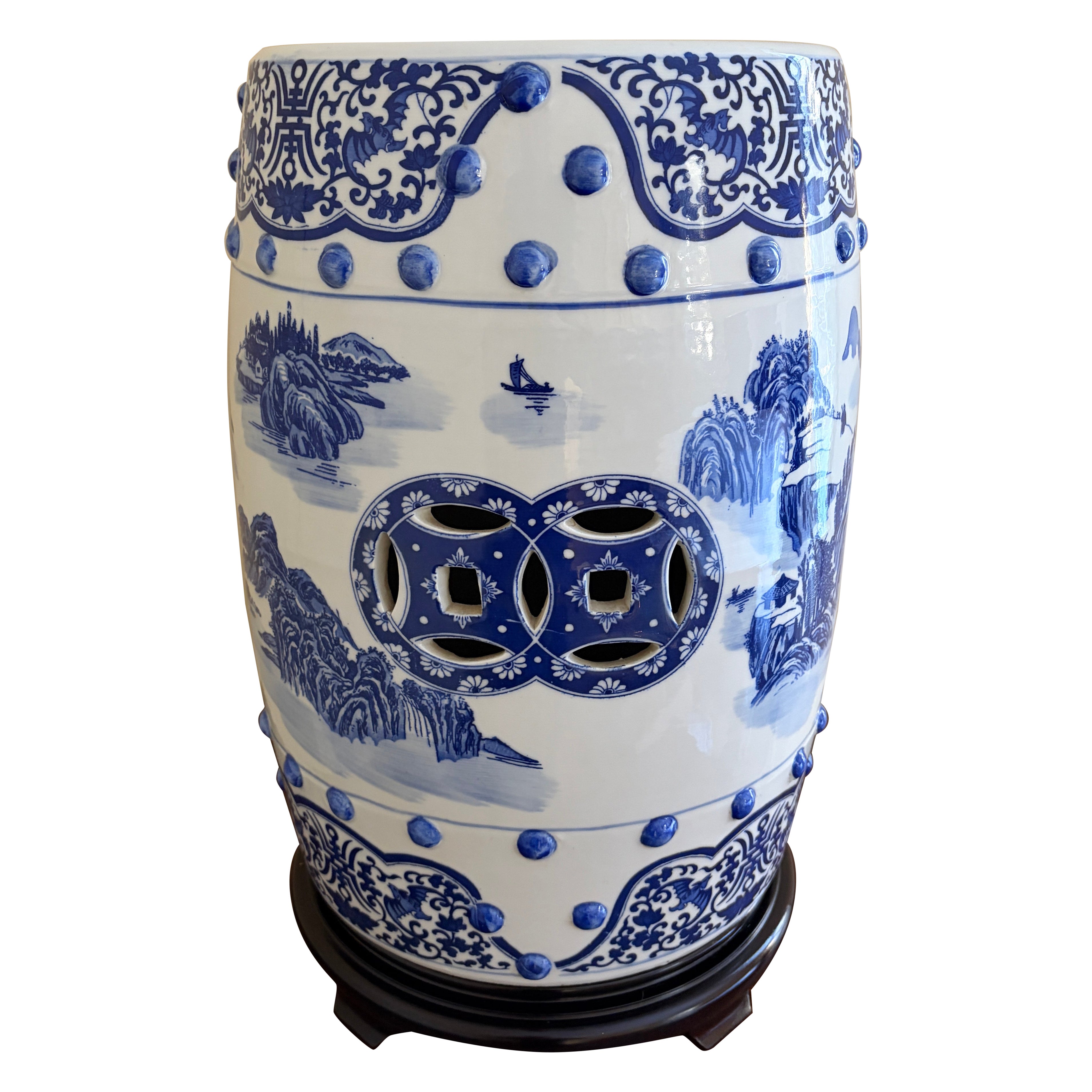 Chinoiserie Blue and White Porcelain Garden Stool or Side Table on Wooden Stand For Sale