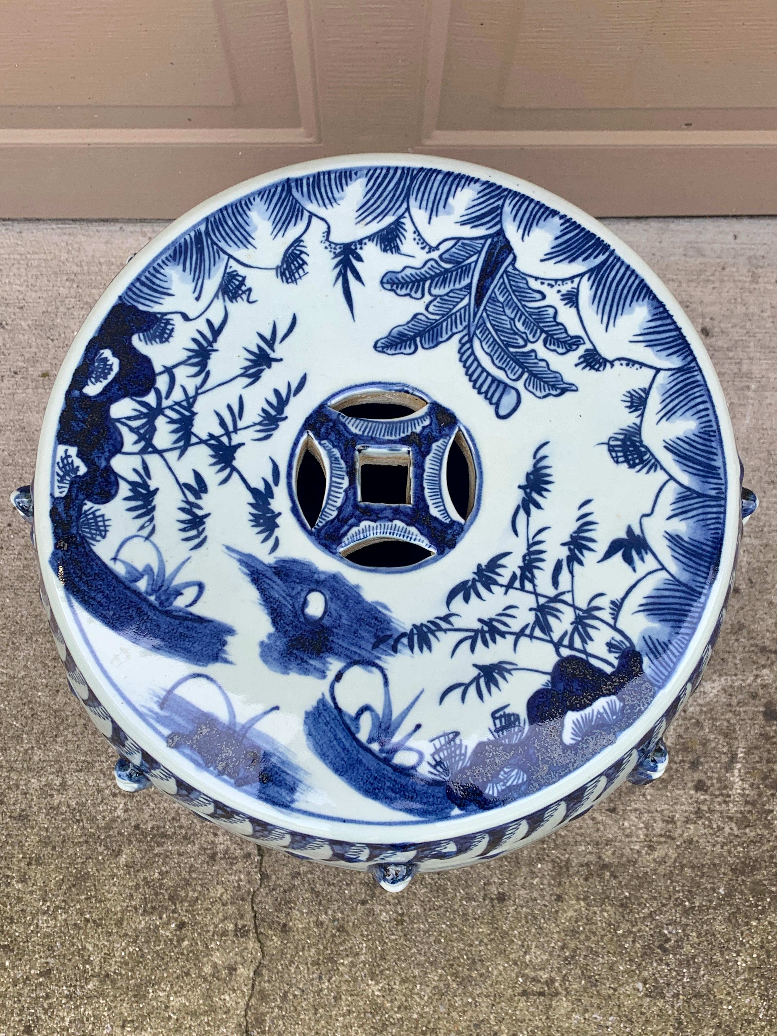 Chinoiserie Blue and White Porcelain Garden Stools or Side Tables, Pair 6