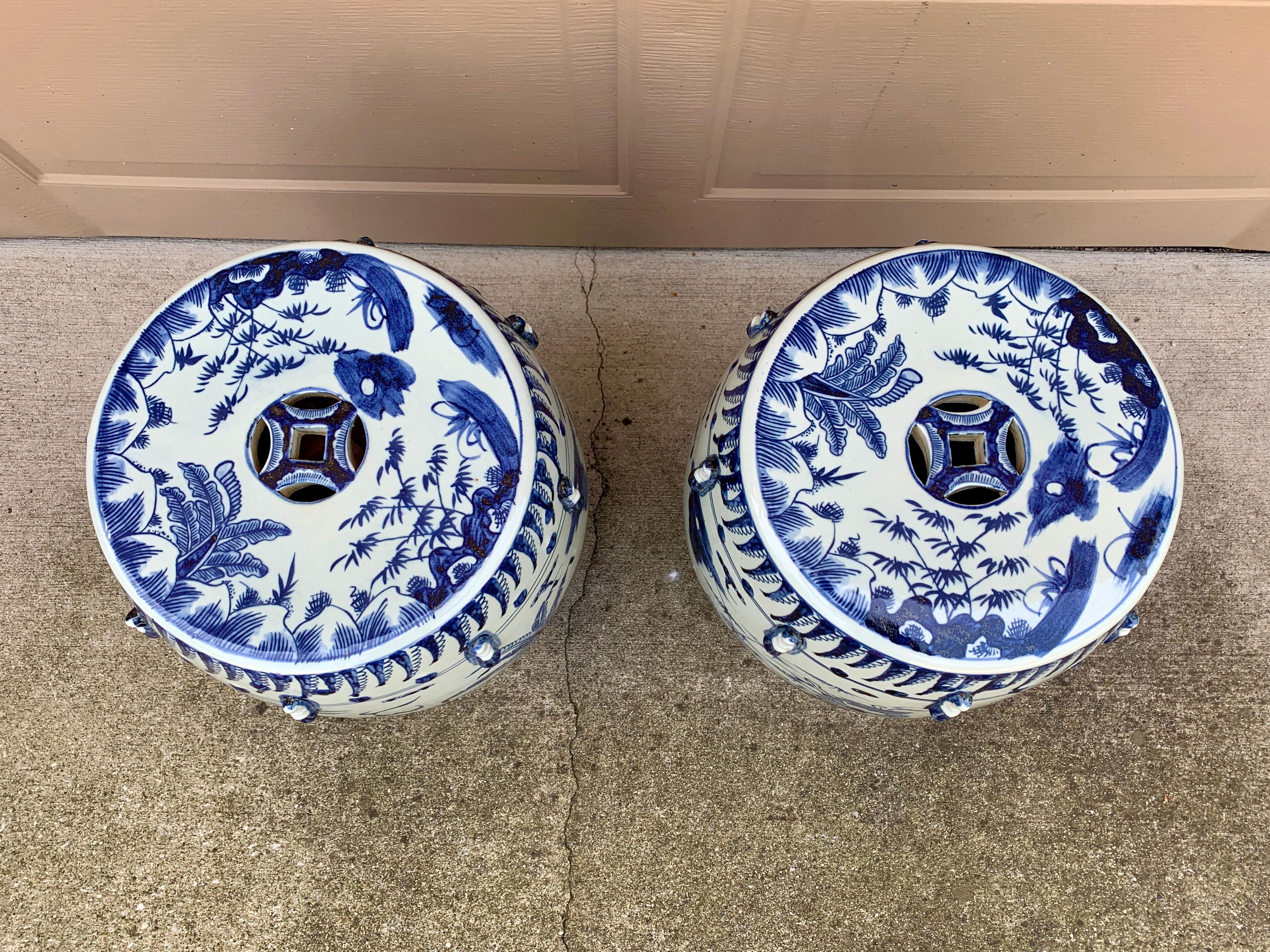 Chinese Chinoiserie Blue and White Porcelain Garden Stools or Side Tables, Pair
