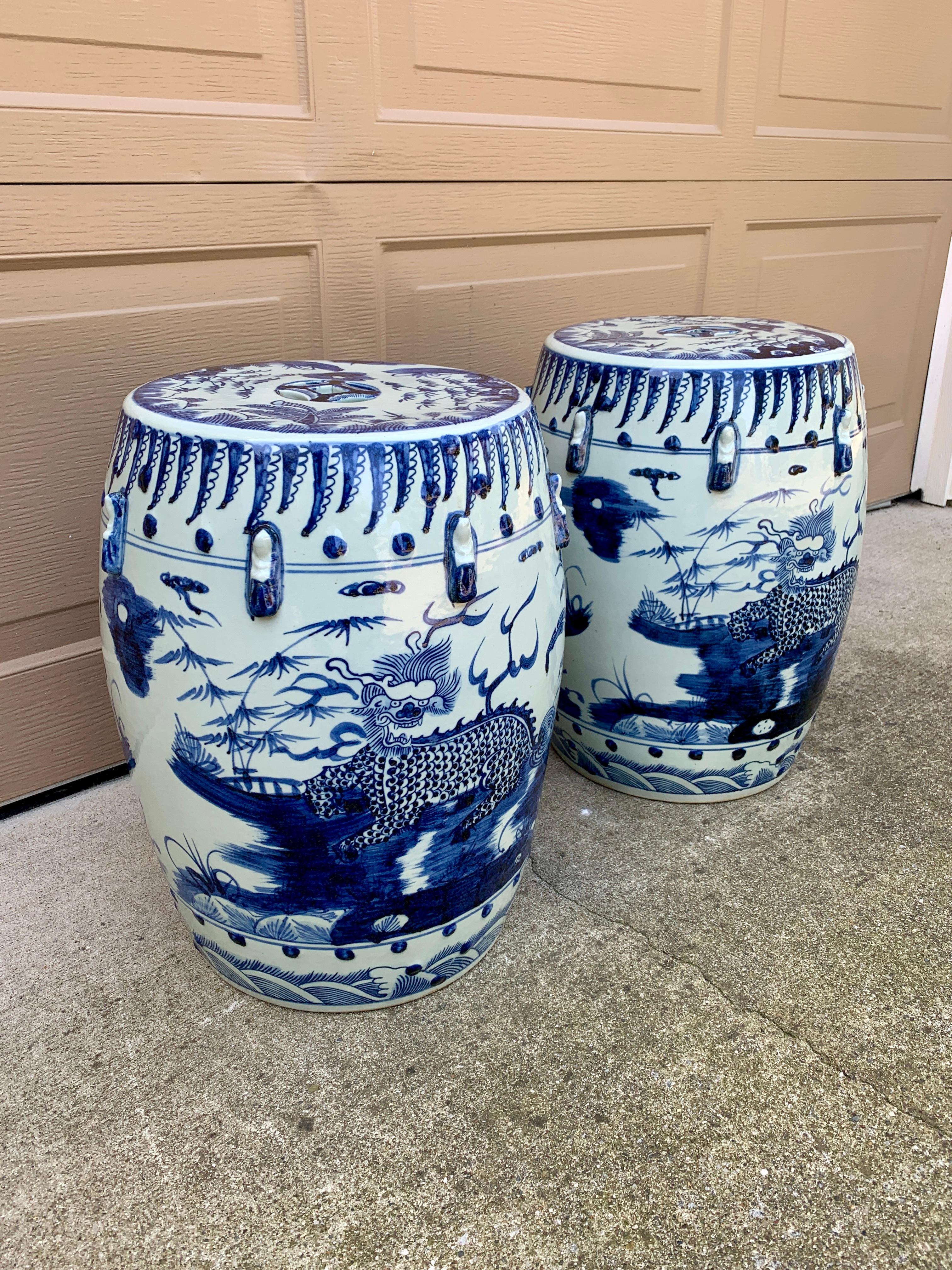 Chinoiserie Blue and White Porcelain Garden Stools or Side Tables, Pair In Good Condition In Elkhart, IN