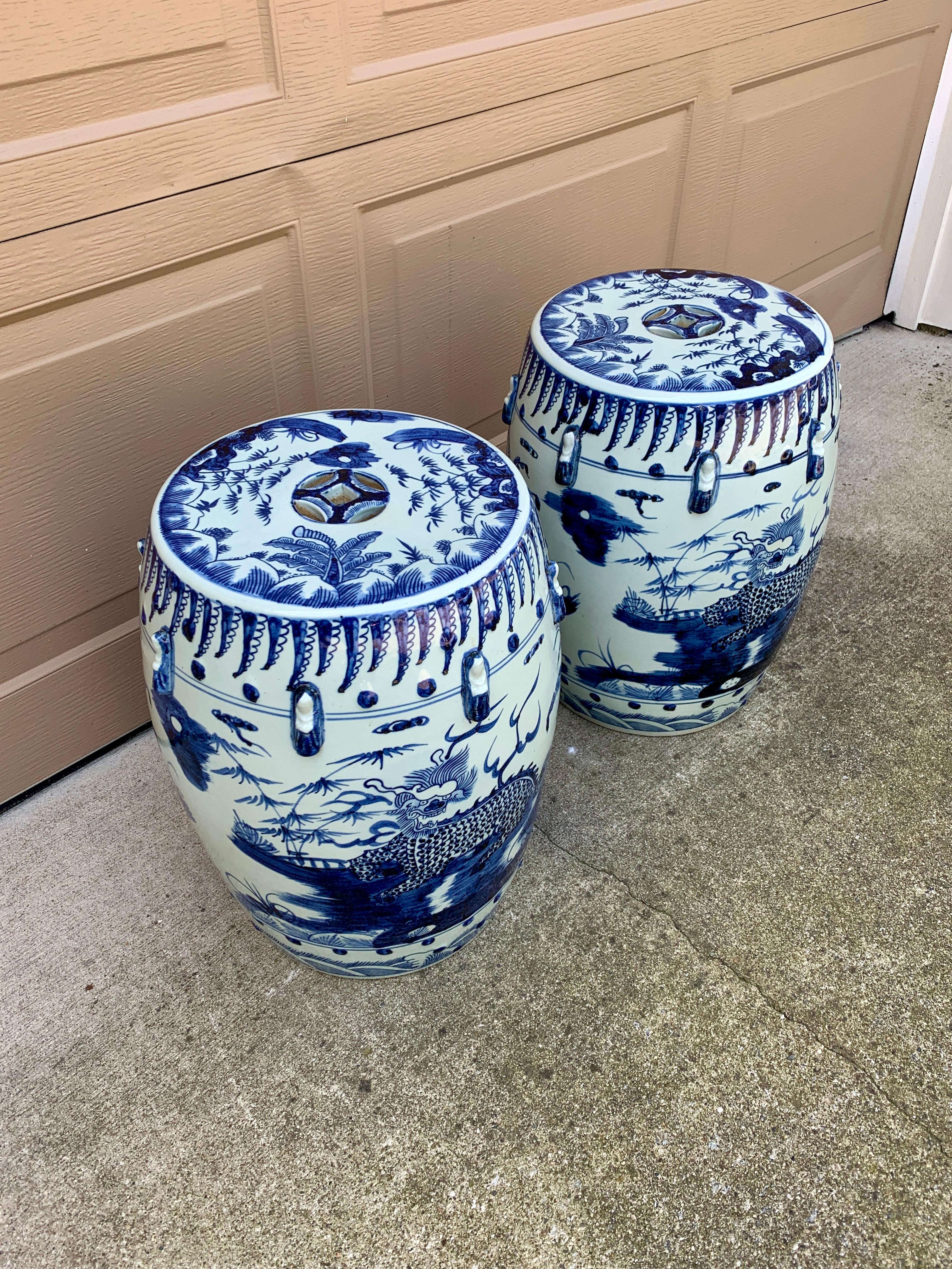 20th Century Chinoiserie Blue and White Porcelain Garden Stools or Side Tables, Pair