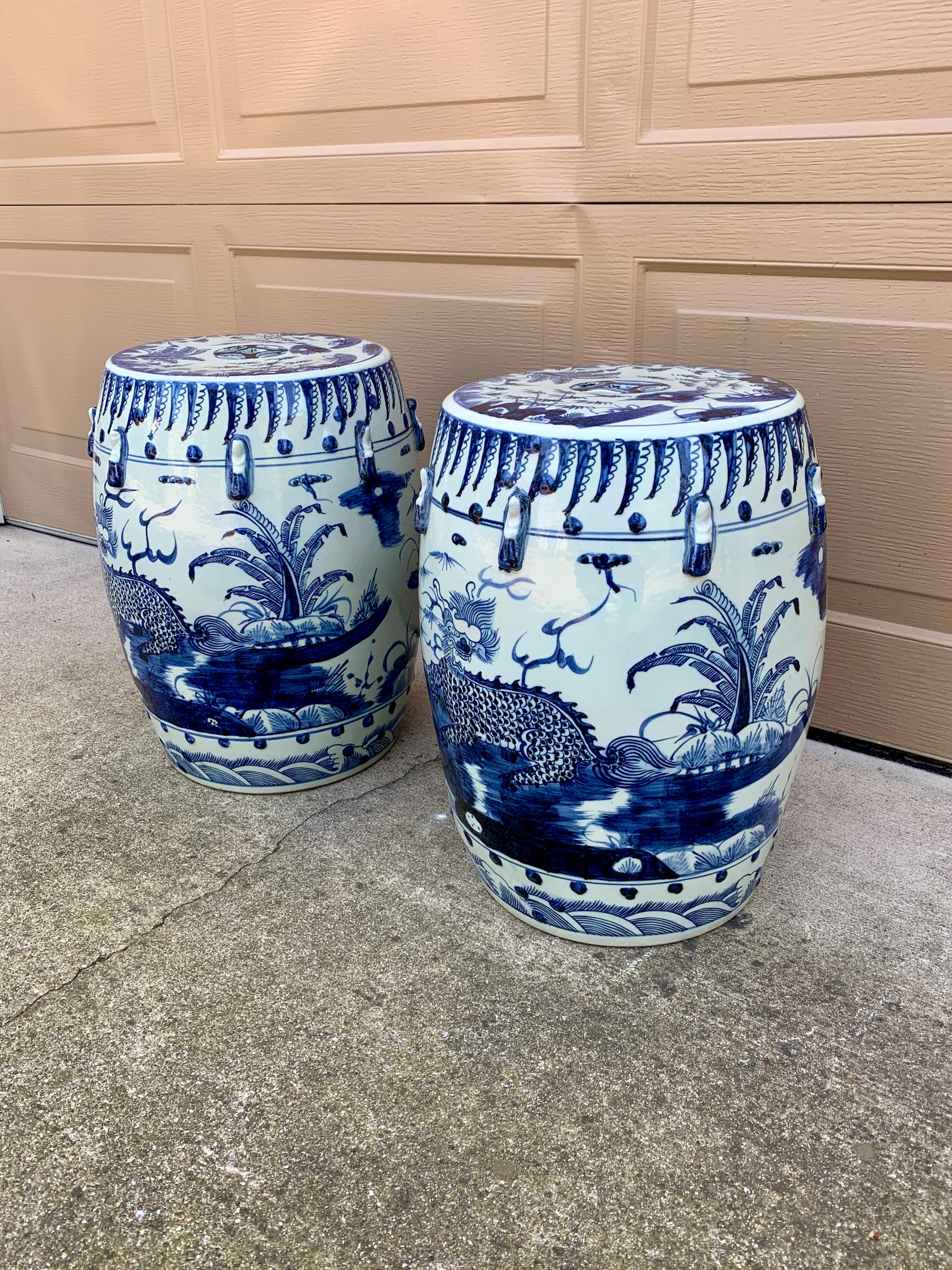 Chinoiserie Blue and White Porcelain Garden Stools or Side Tables, Pair 1