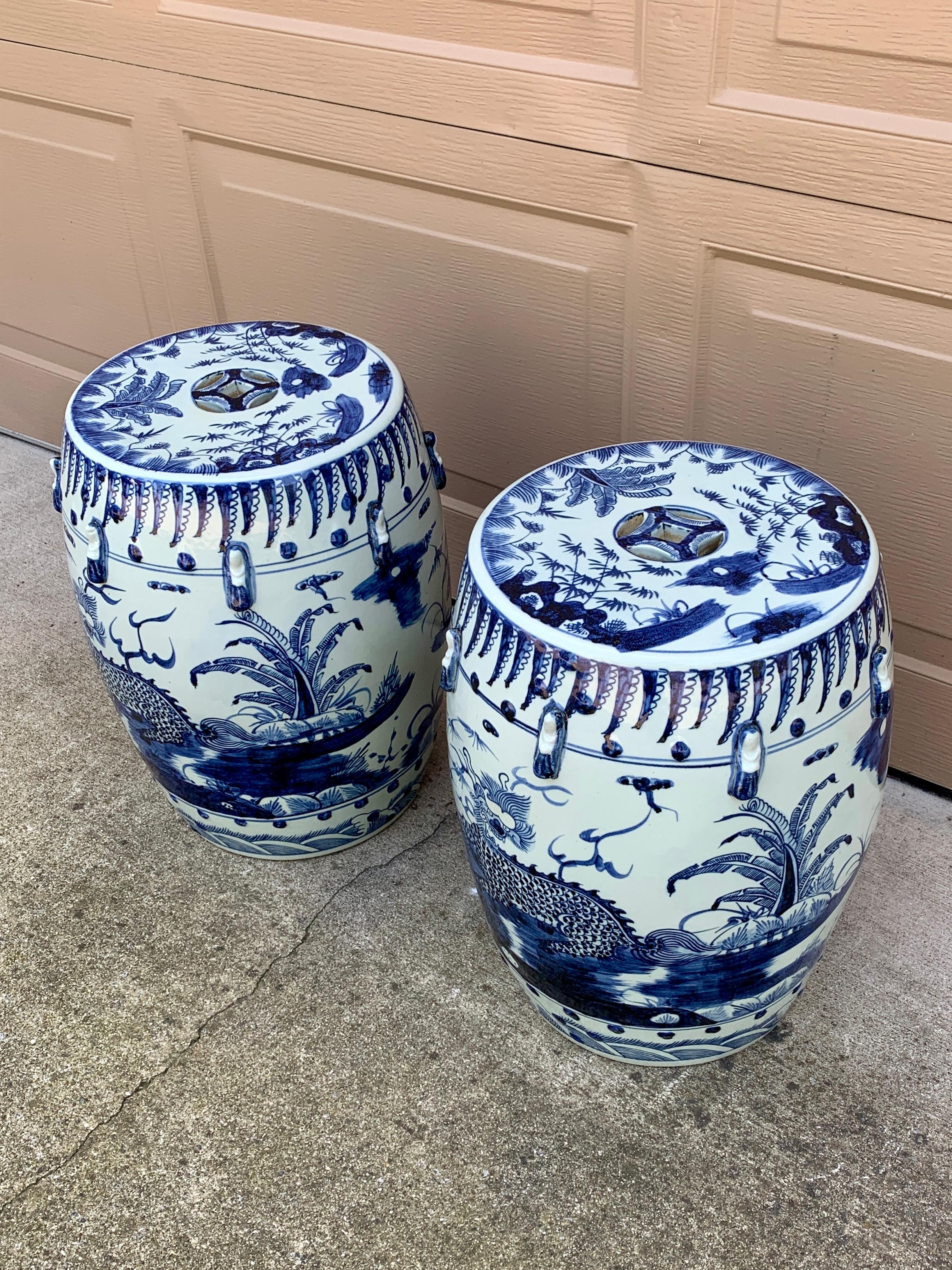 Chinoiserie Blue and White Porcelain Garden Stools or Side Tables, Pair 2