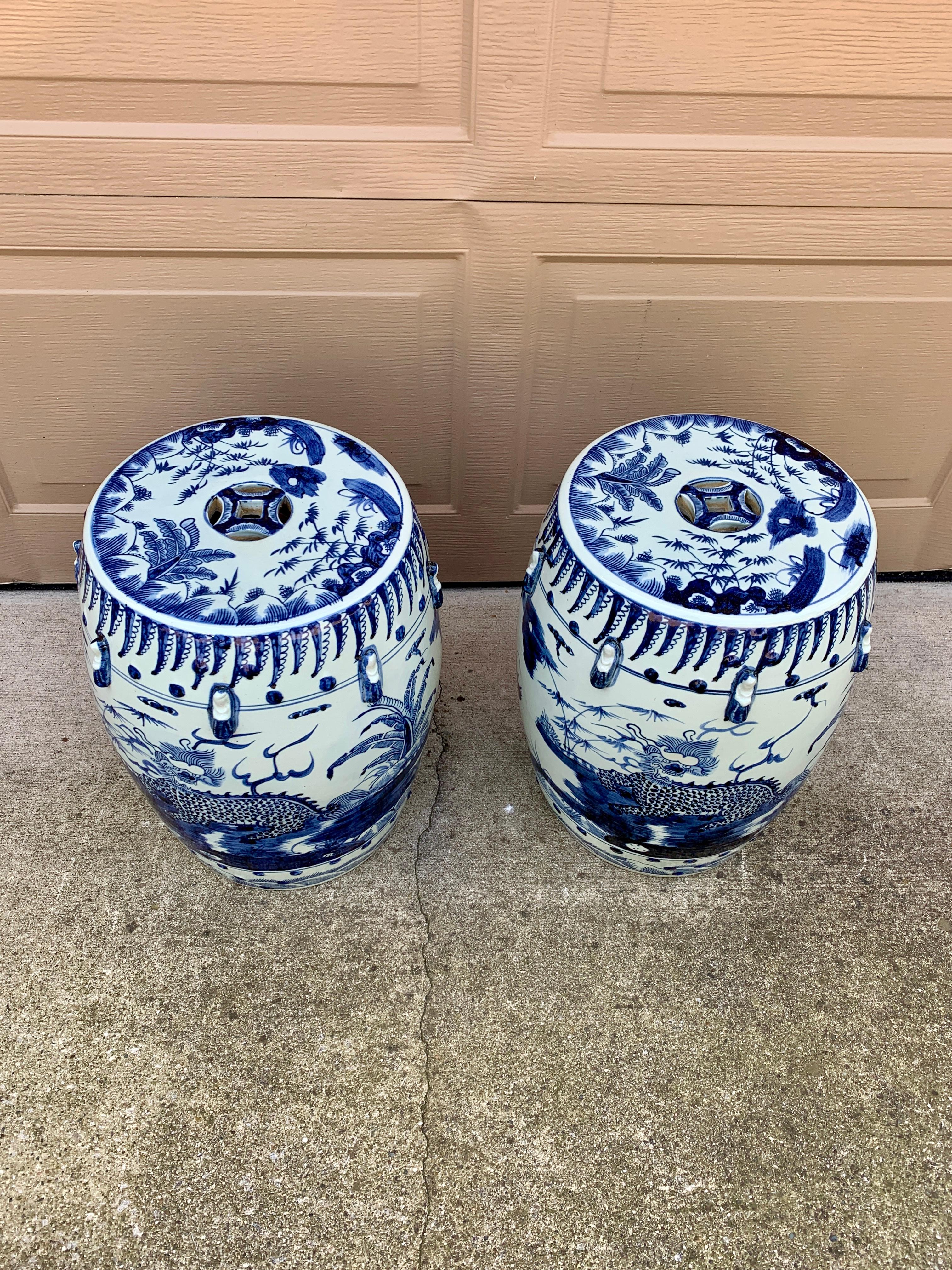 Chinoiserie Blue and White Porcelain Garden Stools or Side Tables, Pair 3