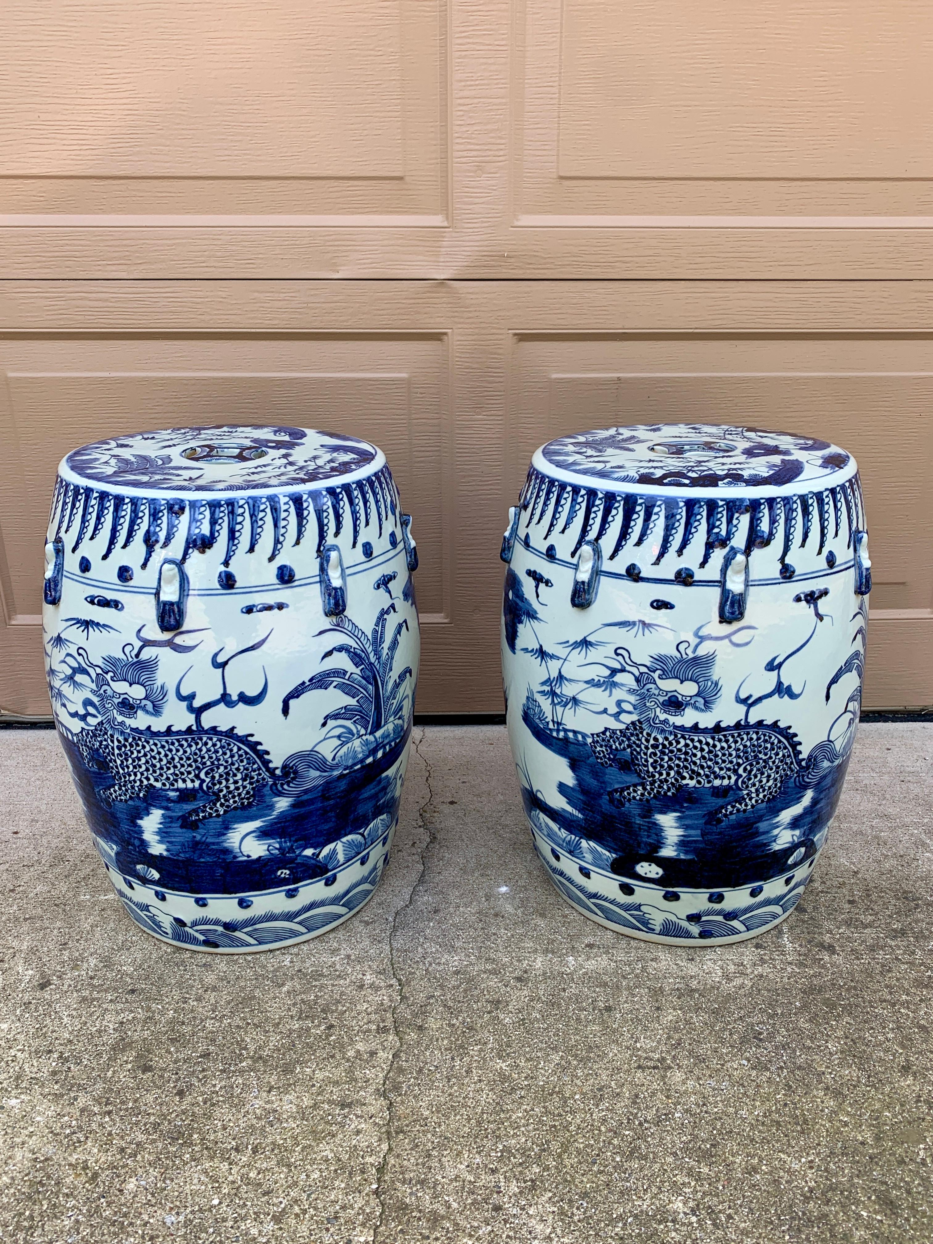 Chinoiserie Blue and White Porcelain Garden Stools or Side Tables, Pair 4