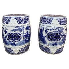 Chinoiserie Blue and White Porcelain Garden Stools or Side Tables, Pair