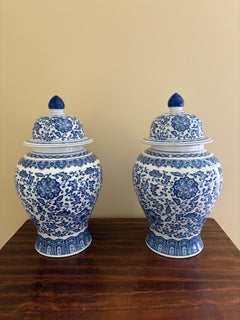 Chinoiserie Blue and White Porcelain Ginger Jars, Pair