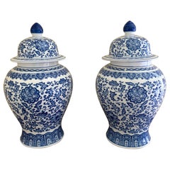 Chinoiserie Blue and White Porcelain Ginger Jars, Pair