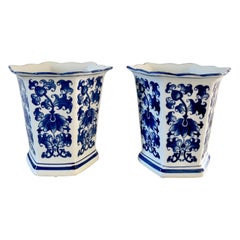 Chinoiserie Blue and White Porcelain Hexagonal Vases, Pair