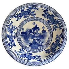 Chinoiserie Blue and White Porcelain Large Decorative Bowl