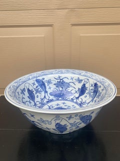 Chinoiserie Blue and White Porcelain Large Decorative Bowl or Fishbowl Planter
