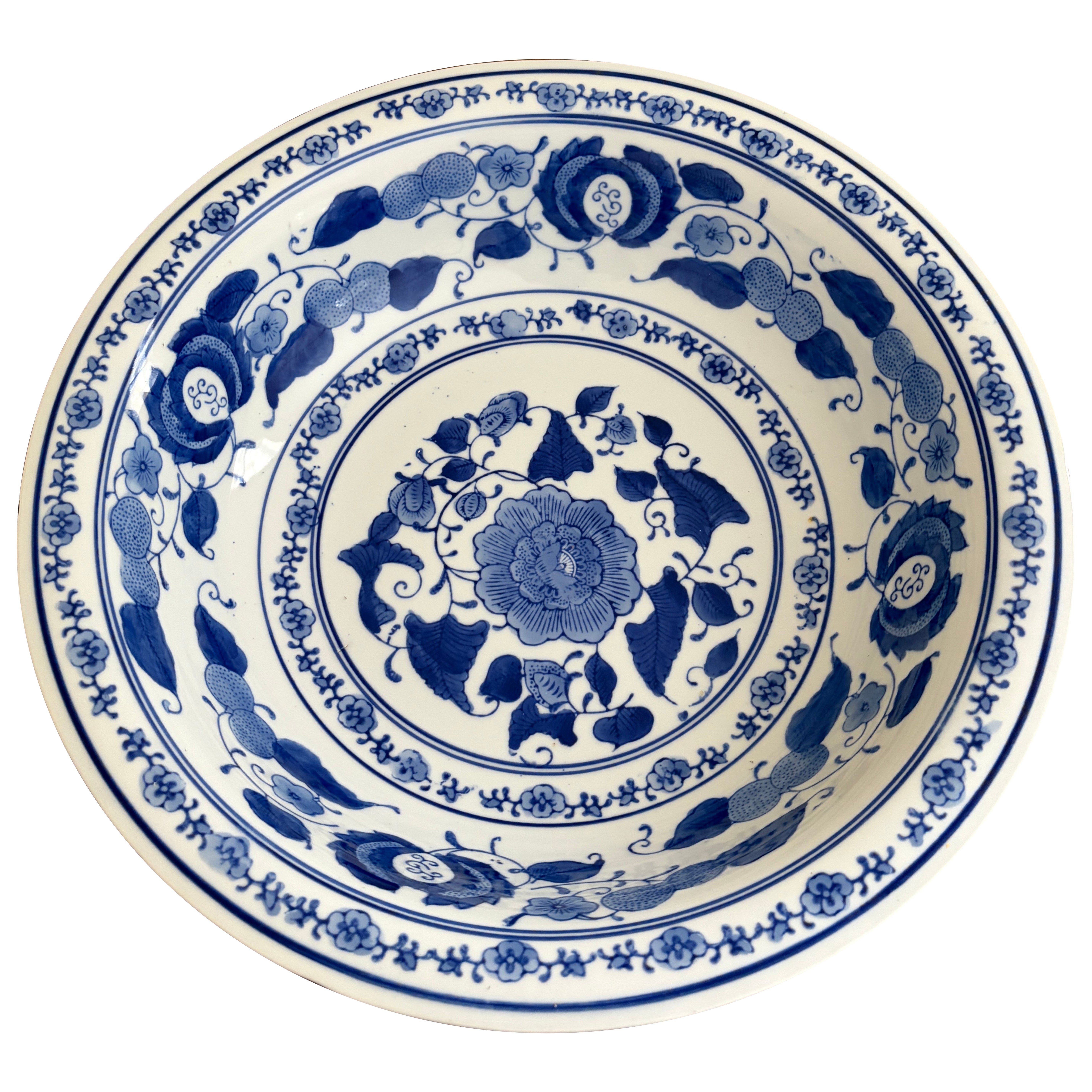 Chinoiserie Blue and White Porcelain Large Decorative Charger Plate or Bowl