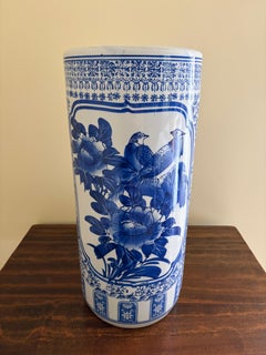 Chinoiserie Blue and White Porcelain Umbrella Stand with Bird and Floral Motif