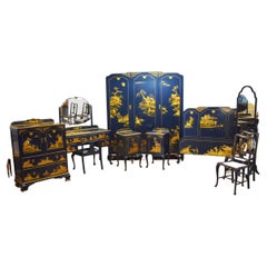 Vintage Chinoiserie Blue Lacquered and Gilded Bedroom Suite
