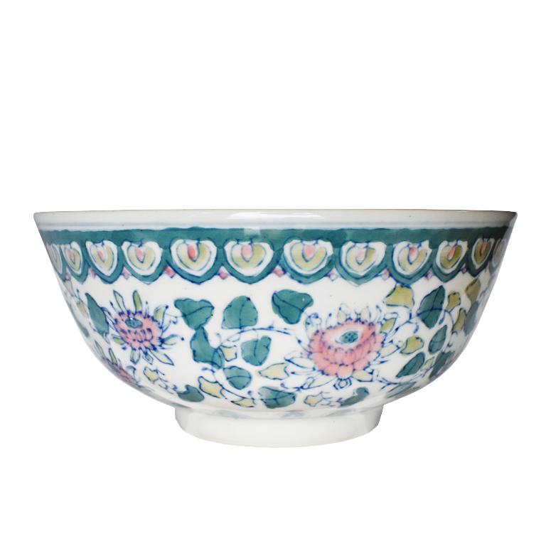 20th Century Chinoiserie Blue White and Pink Ceramic Serving Dish or Fruit Bowl - China