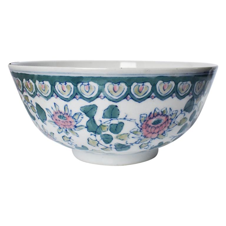 Chinoiserie Blue White and Pink Ceramic Serving Dish or Fruit Bowl - China