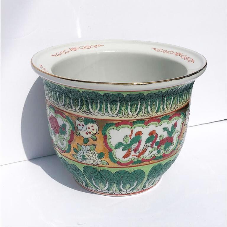 Chinese Chinoiserie Bok Choy Porcelain Ceramic Famille Verte Rose and Gold Planter