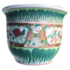 Chinoiserie Bok Choy Porcelain Ceramic Famille Verte Rose and Gold Planter