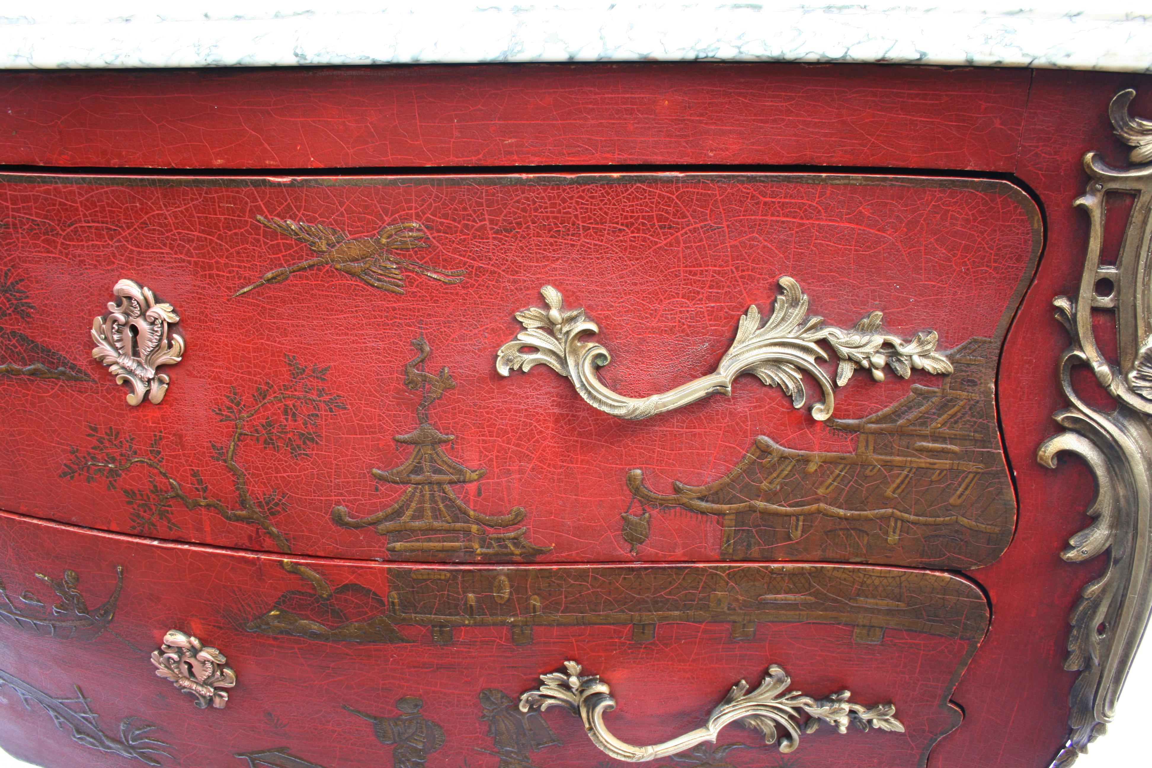 French Chinoiserie Bombe Red Lacquer Commode