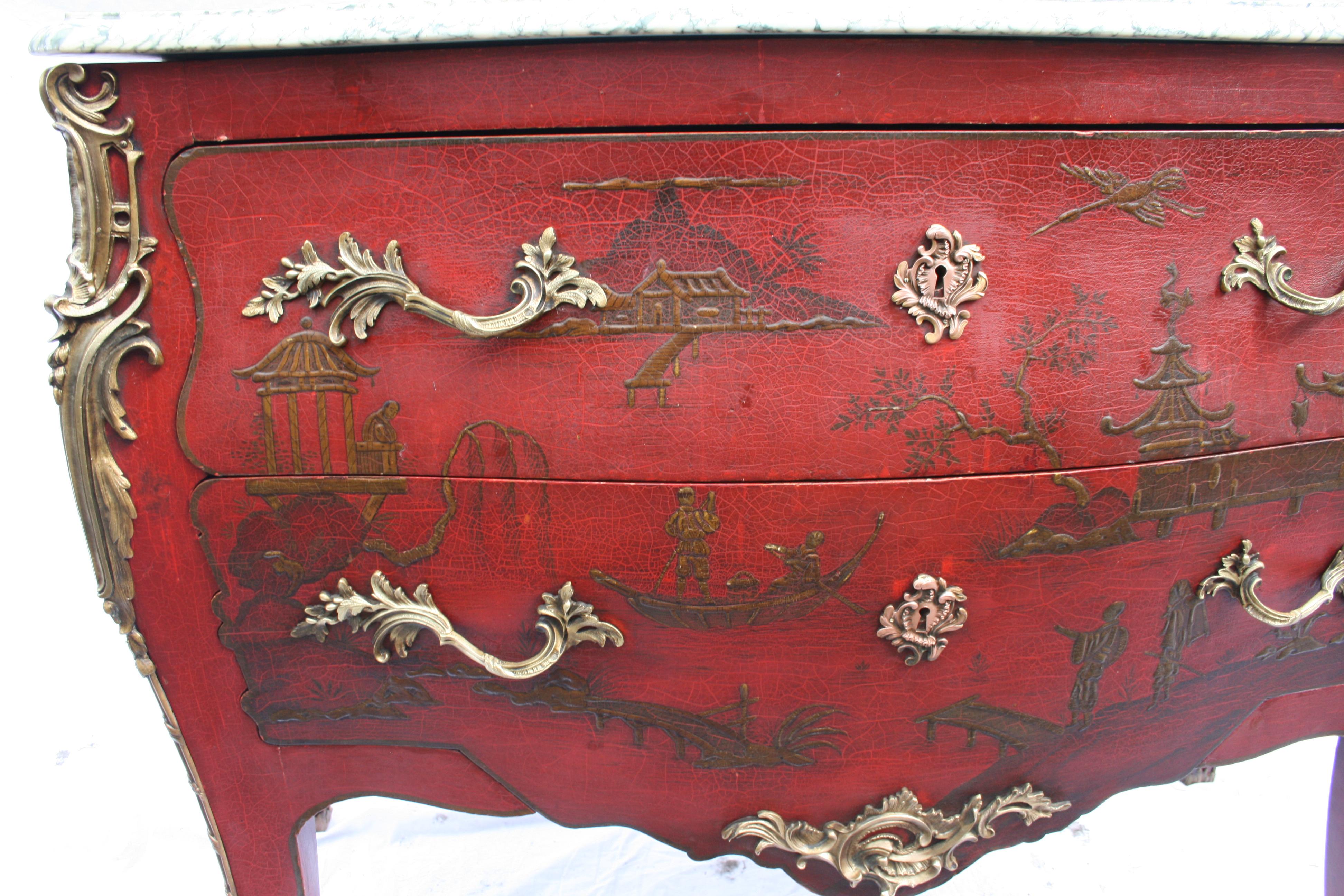 Chinoiserie Bombe Red Lacquer Commode In Good Condition In Chulmleigh, Devon