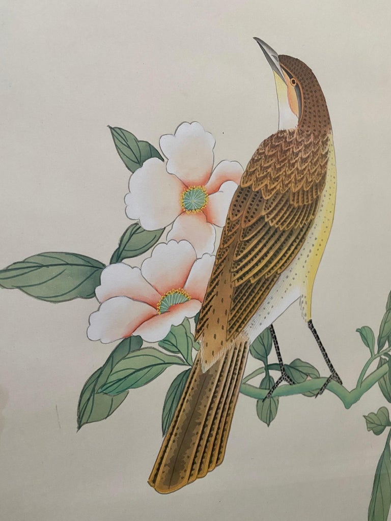 Chinoiserie Botanical Bird Wall Art Silk Paintings, Set of 6 5