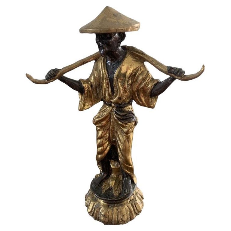 Chinoiserie Brass Figure of a Man Carrying a Yoke at 1stDibs