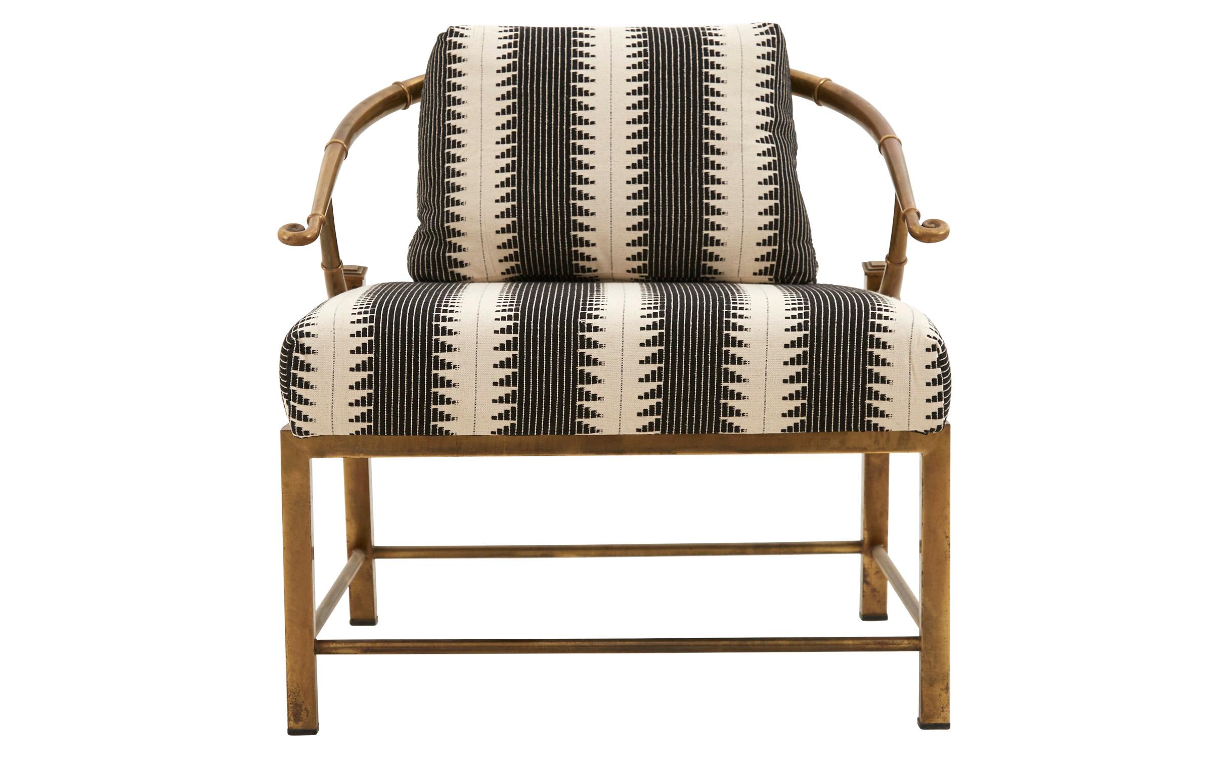 • Reupholstered in black and cream graphic print
• Patinaed brass faux bamboo frame
• Designed by Charles Pengally
• Produced by Mastercraft
• circa 1970
• American

Dimensions:
• 28