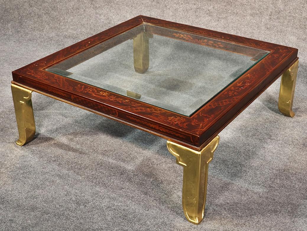 Beveled Chinoiserie & Brass Red Laquer Square Coffee Table Attributed to Mastercraft