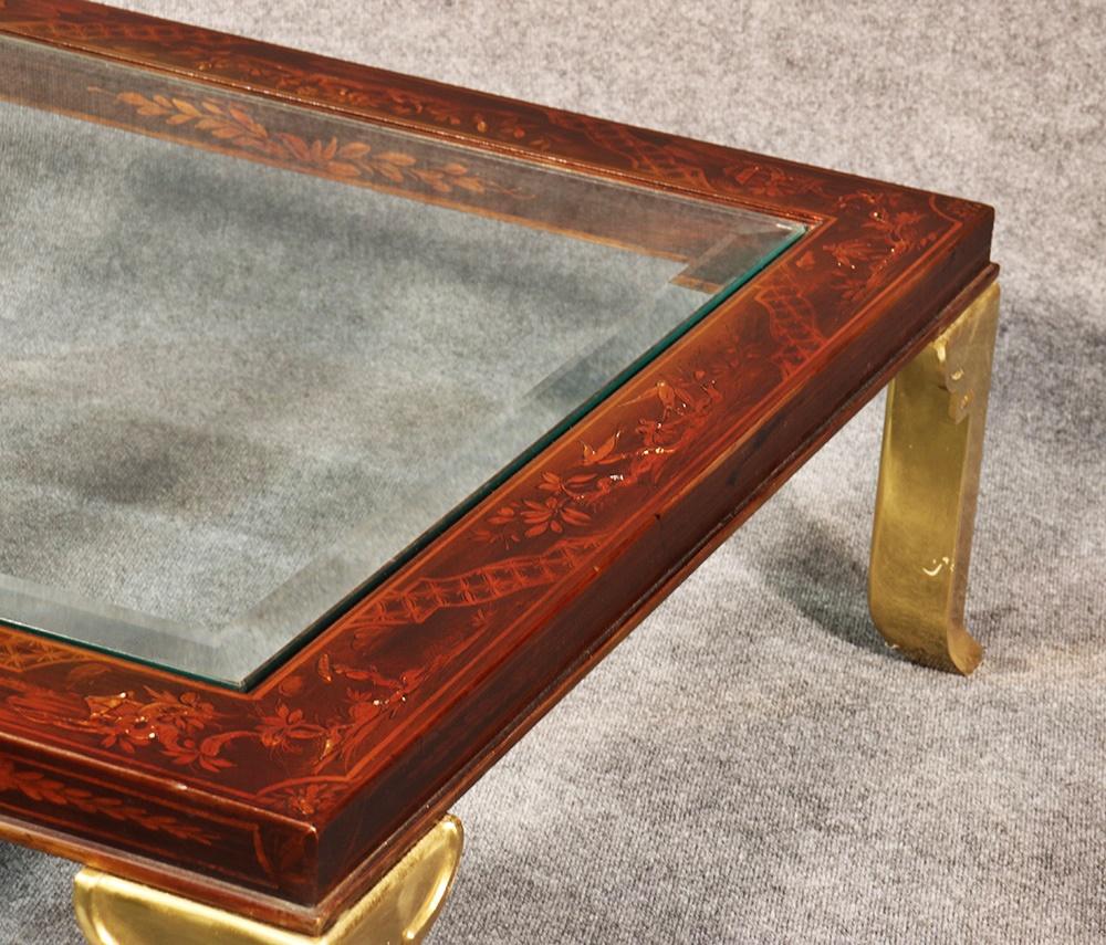 20th Century Chinoiserie & Brass Red Laquer Square Coffee Table Attributed to Mastercraft